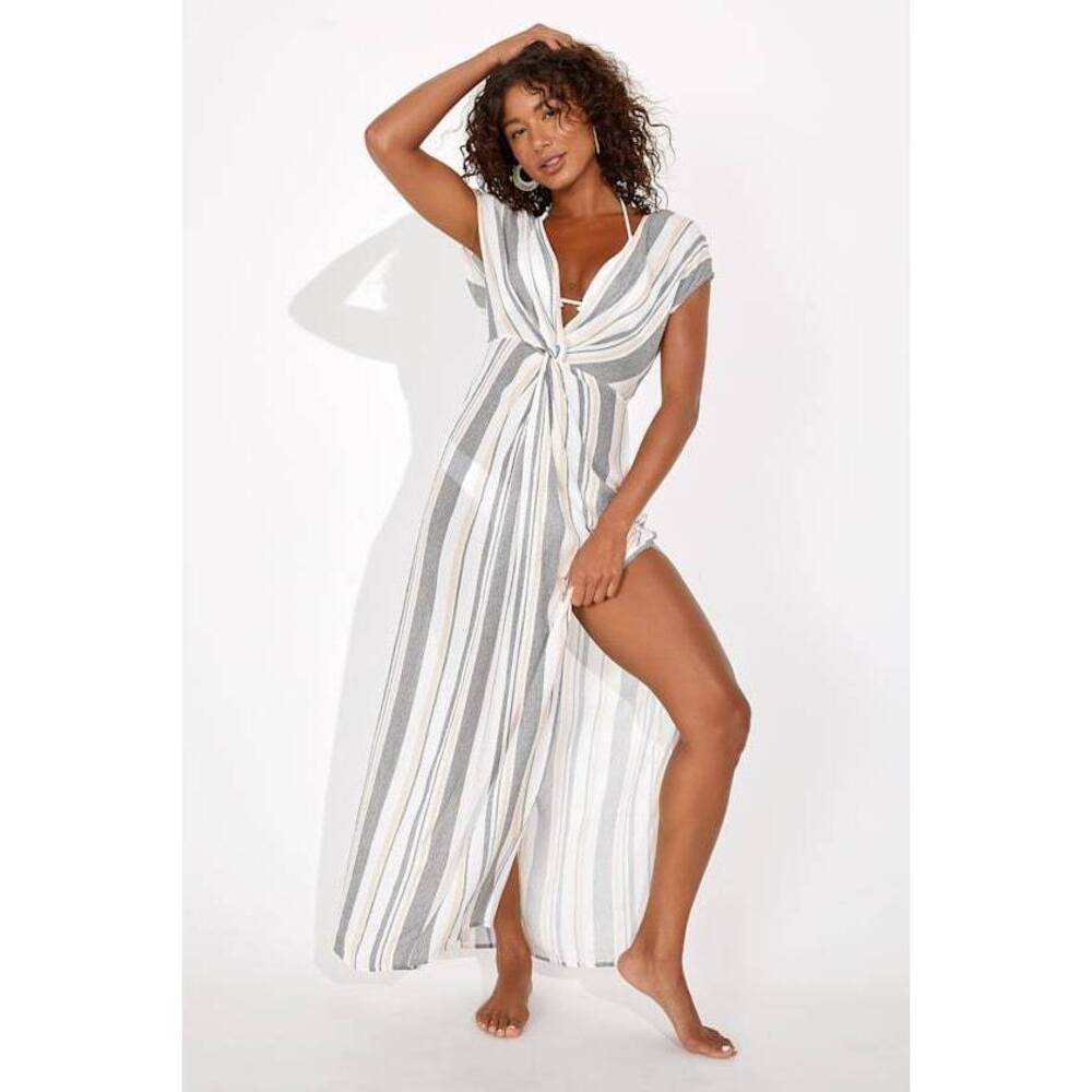 Lulus Coastal Grooves White Multi Striped Swim Cover-up - Size S